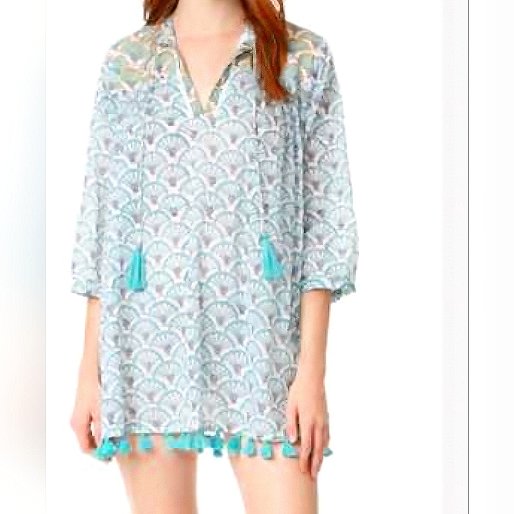 Roberta Roller Rabbit Serafina Teal and White Patterned Tunic Tassels